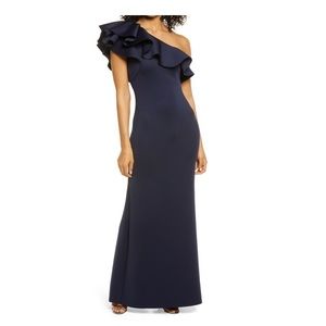 Eliza J Navy One Shoulder Gown